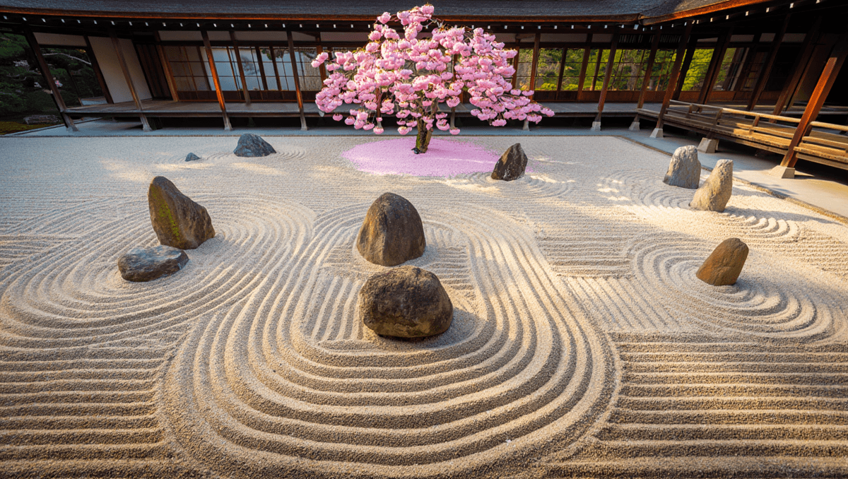 Zen garden at golden hour